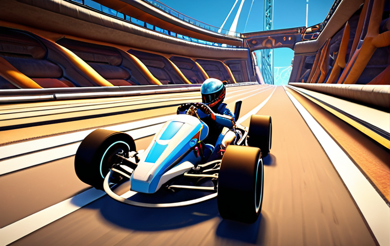 **Prompt 1: New Track Exploration & Subtle Physics**
    "A KartRider racer meticulously drifting through a visually stunning, complex new track. Emphasize the intricate track design with subtle terrain undulations, dynamic lighting from a 'Moonlight City' aesthetic, and a sense of observation and adaptation to unfamiliar physics. Show precise control as the kart navigates a tricky, slightly sloped corner. Game art style, vibrant, detailed environment."