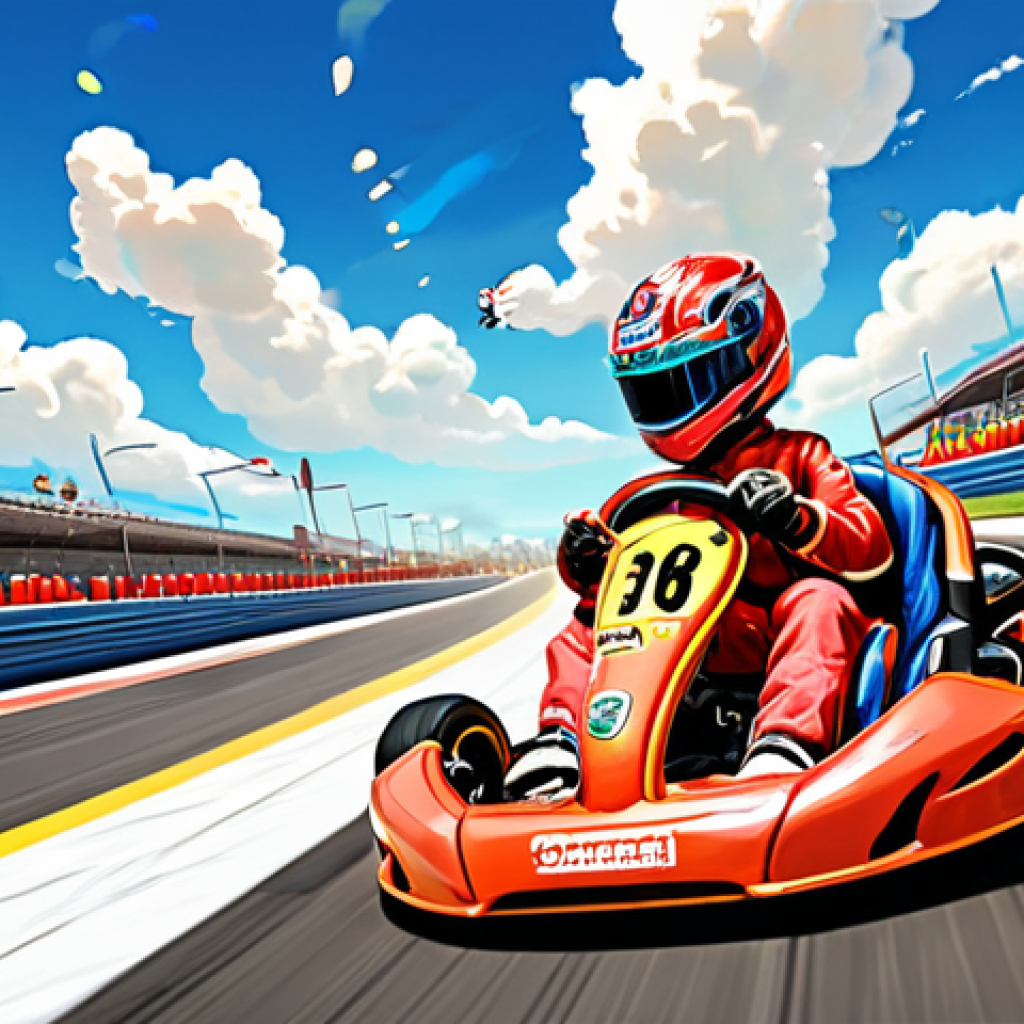 **

Prompt: Energetic kart racing fan art featuring iconic karting characters and tracks, rendered in a vibrant digital painting style. The scene should evoke a sense of speed and excitement, incorporating traditional Chinese art elements like stylized clouds or dragons. Include sponsor logos subtly integrated into the background, creating a dynamic and visually appealing composition.

**