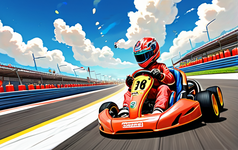 **

Prompt: Energetic kart racing fan art featuring iconic karting characters and tracks, rendered in a vibrant digital painting style. The scene should evoke a sense of speed and excitement, incorporating traditional Chinese art elements like stylized clouds or dragons. Include sponsor logos subtly integrated into the background, creating a dynamic and visually appealing composition.

**