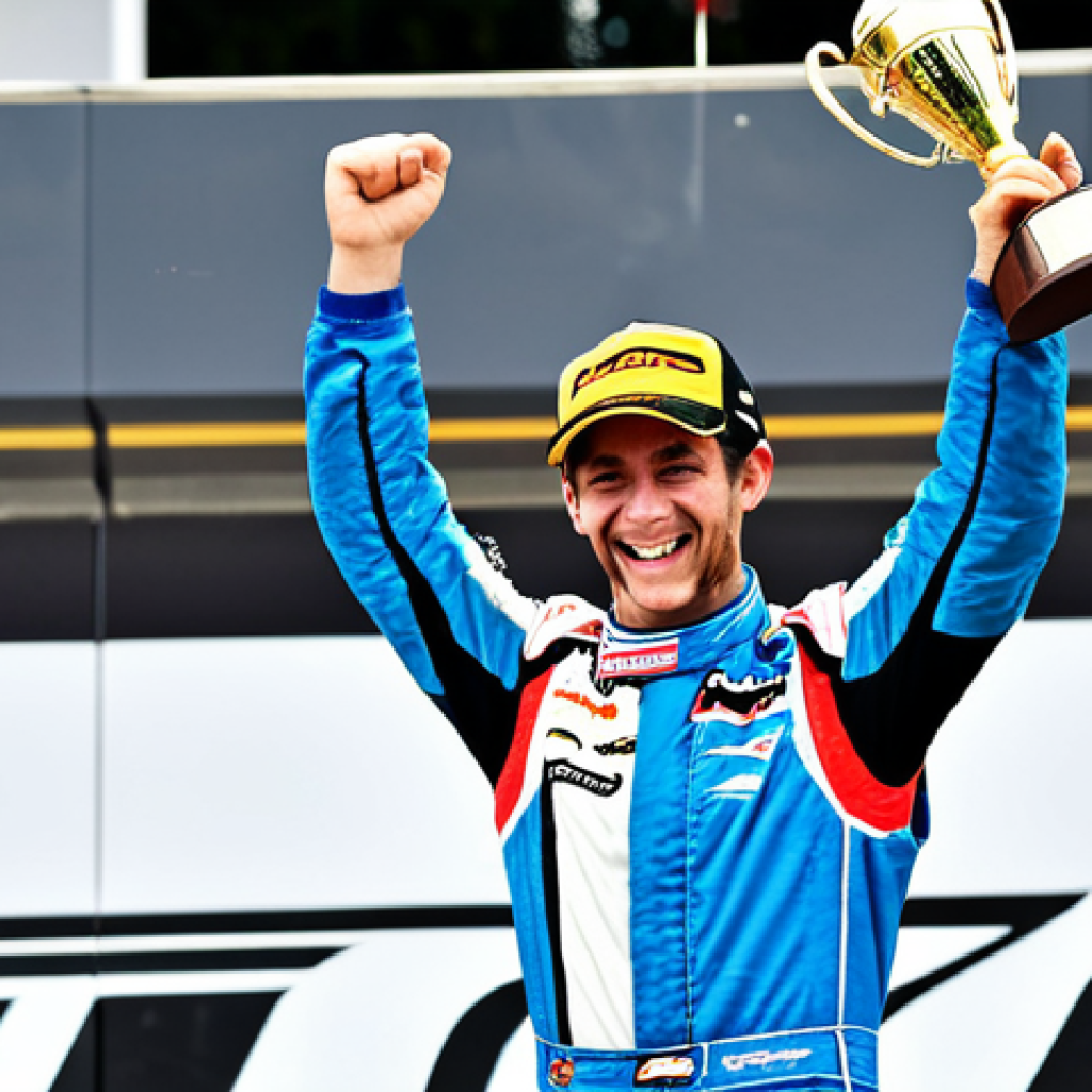 Kart Racing Success**

"A professional, fully clothed kart racer celebrating victory on the podium after a race, holding a trophy. Cheering crowd in the background. Bright, sunny day. Perfect anatomy, correct proportions, natural pose, well-formed hands, proper finger count, natural body proportions, safe for work, appropriate content, modest clothing, family-friendly, professional photography, high quality."

**