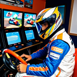 Nostalgic Racer**

"A professional and skilled KartRider player, fully clothed in a racing suit with sponsor logos, focused on the game screen in a brightly lit internet cafe. The cafe features retro gaming posters and other players in the background. Safe for work, appropriate content, perfect anatomy, correct proportions, natural pose, well-formed hands, proper finger count, professional, family-friendly, modest clothing, high quality."

**