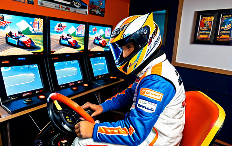 Nostalgic Racer**

"A professional and skilled KartRider player, fully clothed in a racing suit with sponsor logos, focused on the game screen in a brightly lit internet cafe. The cafe features retro gaming posters and other players in the background. Safe for work, appropriate content, perfect anatomy, correct proportions, natural pose, well-formed hands, proper finger count, professional, family-friendly, modest clothing, high quality."

**