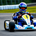 **

"A professional Kart Rider racer, fully clothed in a racing suit with sponsor logos, focused on the road ahead on a brightly lit, winding race track. Background shows cheering fans and vibrant scenery. Safe for work, appropriate content, professional, perfect anatomy, correct proportions, well-formed hands, natural body proportions, high quality."

**