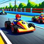 **Prompt:** A family-friendly scene of cartoon kids racing karts on a colorful track, fully clothed, appropriate attire, safe for work, perfect anatomy, natural proportions, bright daylight, professional illustration, high quality.
