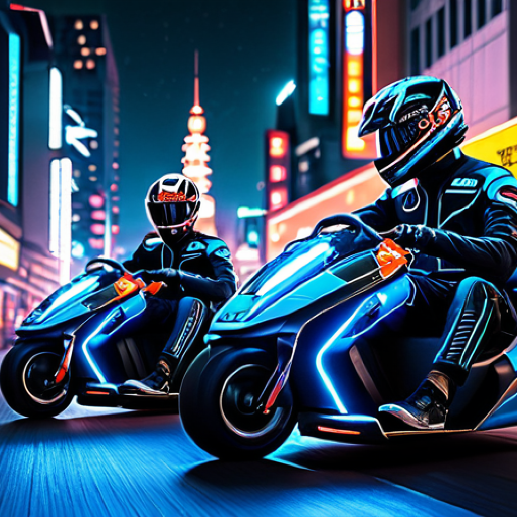 카트라이더 팬아트 대회의 재미와 성공적인 요인 - **Prompt:** A futuristic cityscape with karts racing through neon-lit streets, featuring Pi蛋 and 黑妞 ...