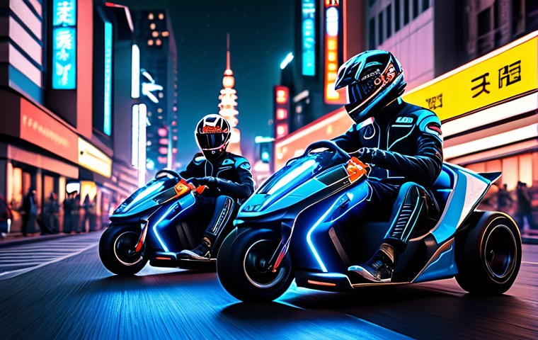 카트라이더 팬아트 대회의 재미와 성공적인 요인 - **Prompt:** A futuristic cityscape with karts racing through neon-lit streets, featuring Pi蛋 and 黑妞 ...