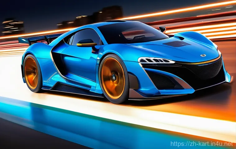 카트라이더 신규 업데이트와 커뮤니티 발전 - **Dynamic New Race Car Debut**
    Prompt: A highly stylized, futuristic racing game scene. The cent...