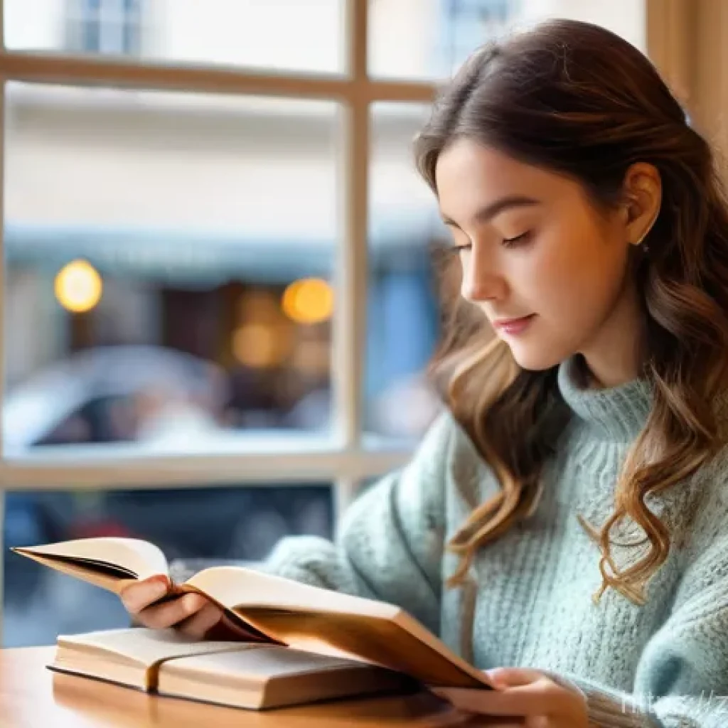 카트라이더 글로벌 대회 참가자 인터뷰 - A young woman, approximately 20-25 years old, with long, wavy brown hair, is engrossed in reading a ...