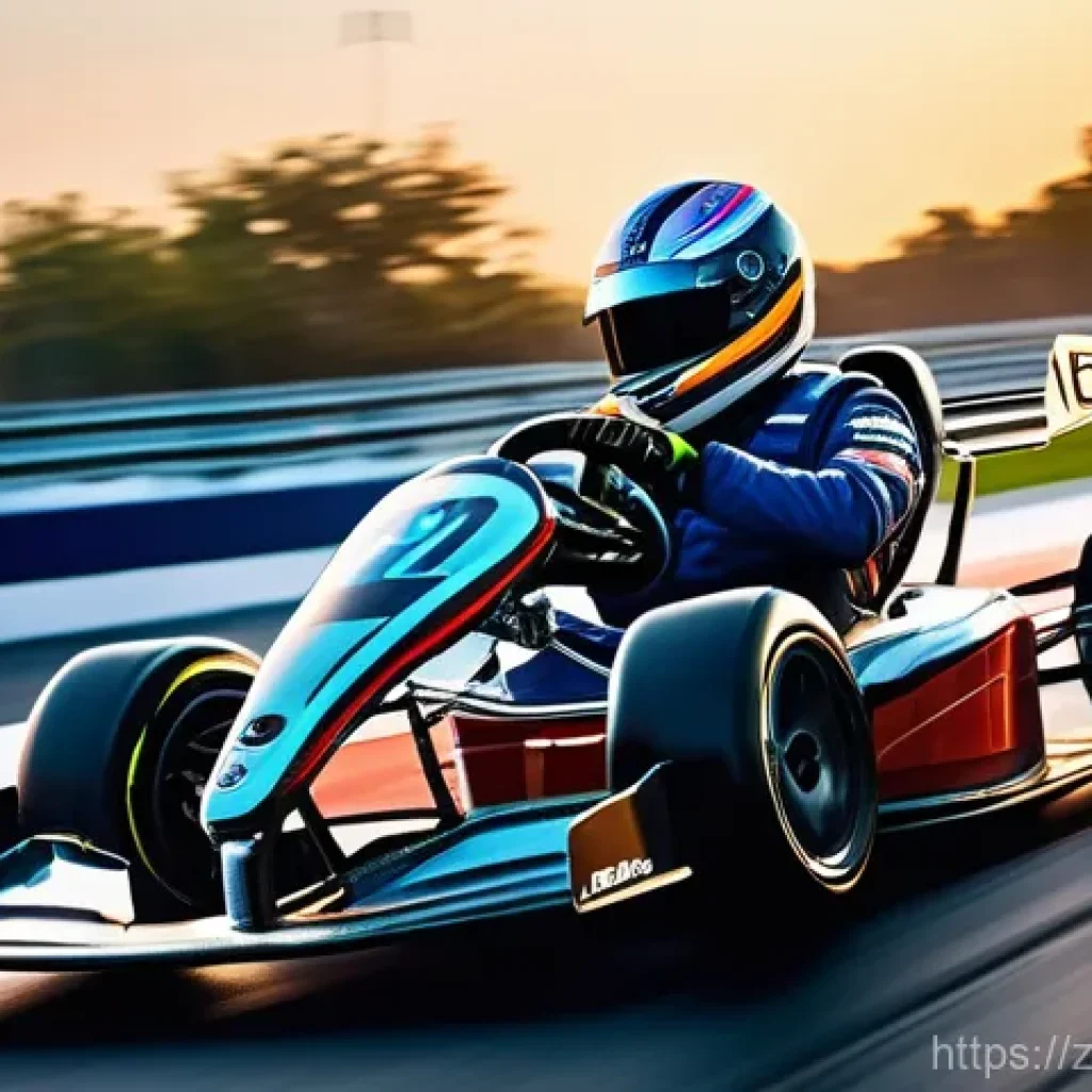 카트라이더 신규 트랙 분석 - "A professional kart racer, wearing a vibrant, aerodynamic racing suit and a sleek, tinted helmet, m...