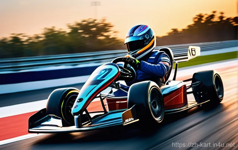 카트라이더 신규 트랙 분석 - "A professional kart racer, wearing a vibrant, aerodynamic racing suit and a sleek, tinted helmet, m...