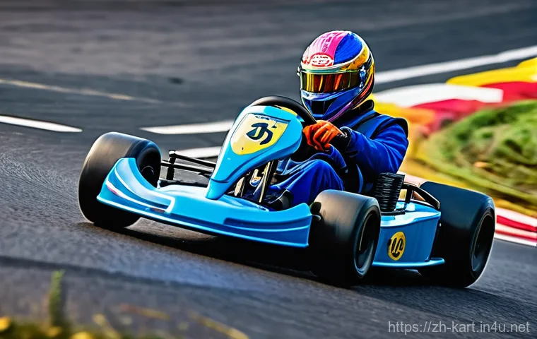 카트라이더 신규 트랙 분석 - "A high-octane racing kart, driven by a focused racer in a full racing suit and helmet, captured mid... 카트라이더 신규 트랙 분석 - "A high-octane racing kart, driven by a focused racer in a full racing suit and helmet, captured mid...