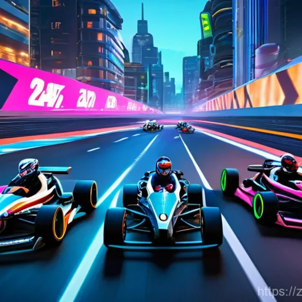 카트라이더 글로벌 출시와 유저 반응 - A group of diverse young adults, dressed in trendy, sporty casual wear, are excitedly gathered aroun...