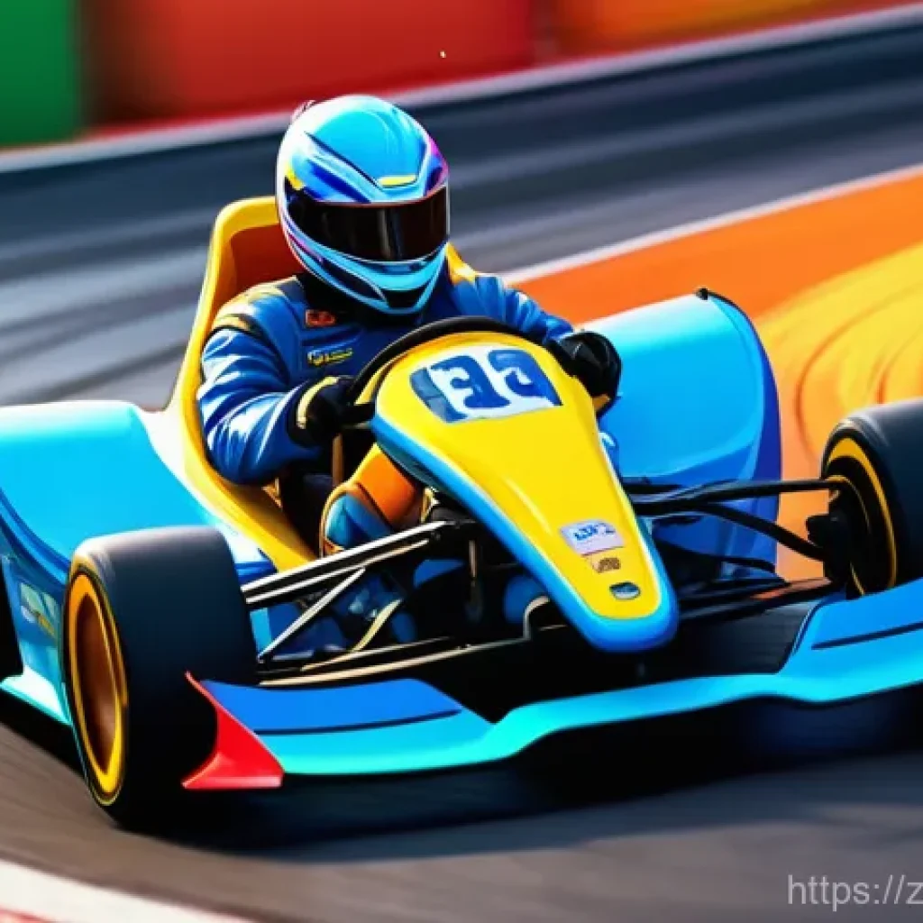 카트라이더 초보 유저의 트랙 공략법 - A vibrant, high-energy illustration of a dynamic kart race in action. Several stylized, diverse male...