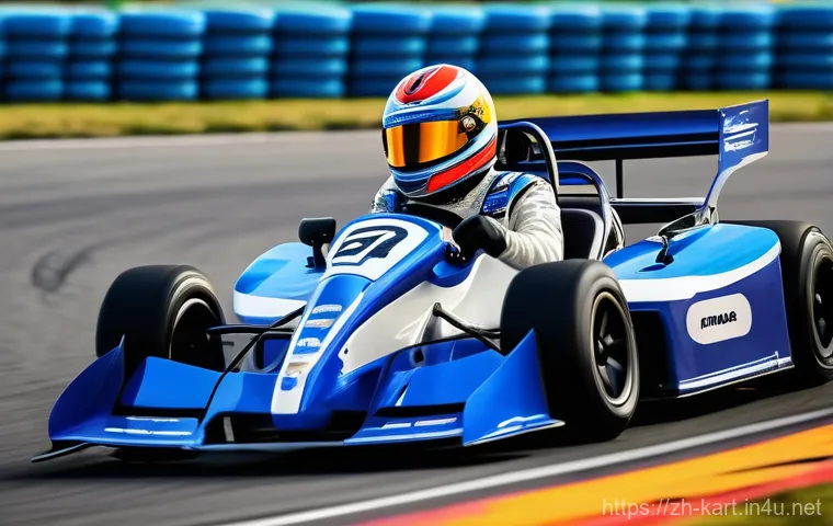 카트라이더 초보 유저의 트랙 공략법 - A vibrant, high-energy illustration of a dynamic kart race in action. Several stylized, diverse male...