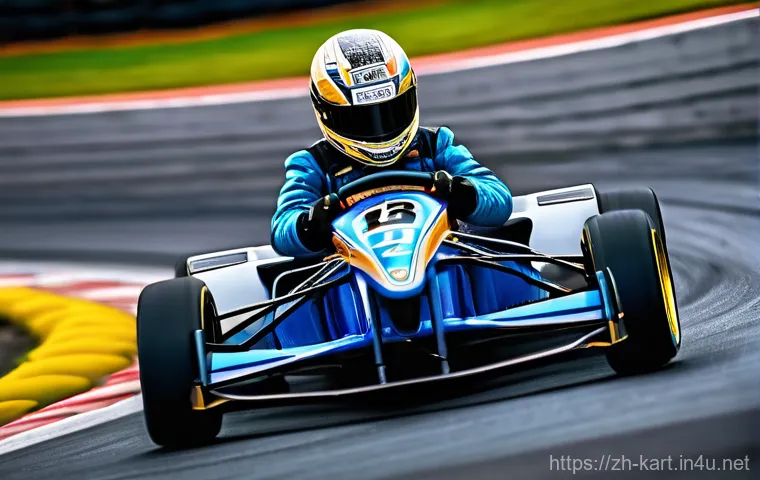 카트라이더 고수들의 노하우 - **A dynamic, high-speed shot of a professional-looking kart racer masterfully executing a "best-opti...