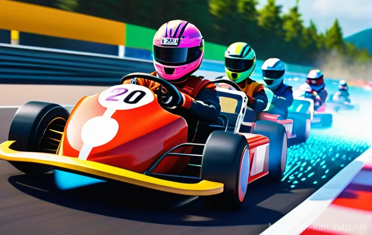 카트라이더 아이템 설정 방법 - **Prompt:** "A vibrant and dynamic kart racing scene depicting intense item battle action. Several a...