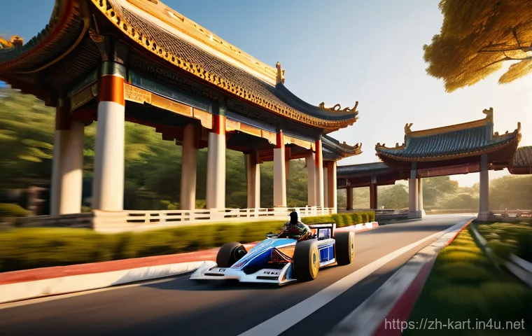 카트라이더 신규 트랙의 재미 요소 - **Ancient City Ruins Race:**
A vibrant, highly detailed image of a sleek racing kart speeding th...
