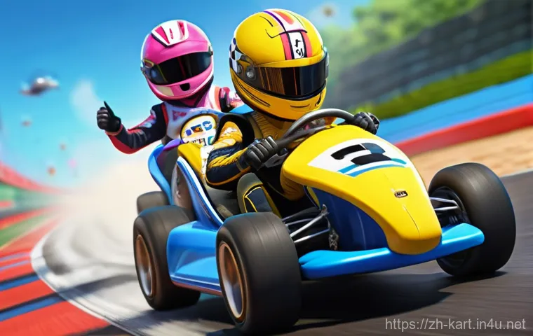 카트라이더 팬아트 이벤트 참가자 후기 - A dynamic, high-energy scene featuring KartRider characters Piplod and Diz engaged in a thrilling ra...