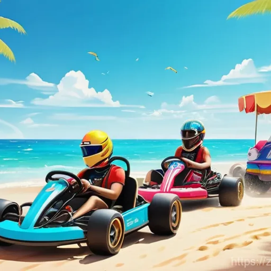 카트라이더 팬아트 제출 가이드 - **Prompt 1: Summer Beach Karting Carnival**
A group of diverse, cheerful KartRider-style charact...