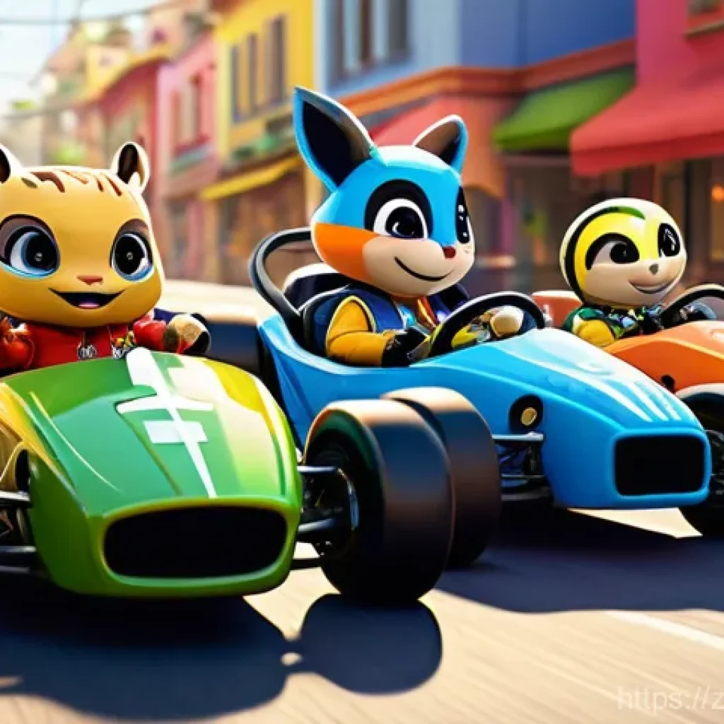 카트라이더 신규 유저와 팬아트 대회의 성장 이야기 - **Prompt: "A vibrant and joyful scene set in the colorful 'Boomhill' racing world of KartRider Rush+...