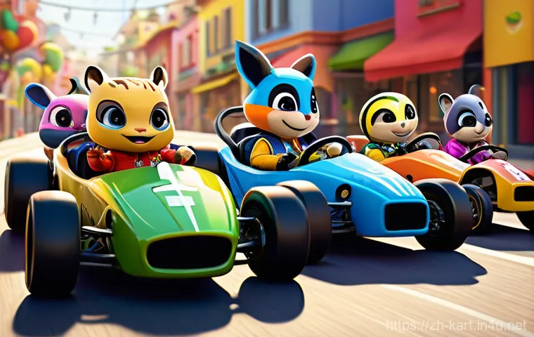 카트라이더 신규 유저와 팬아트 대회의 성장 이야기 - **Prompt: "A vibrant and joyful scene set in the colorful 'Boomhill' racing world of KartRider Rush+...