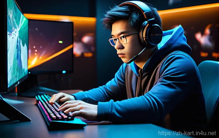 카트라이더 초보 유저의 게임 공략 성공 사례 - **Prompt:** A focused young adult, of East Asian descent, seated comfortably at a modern gaming desk...