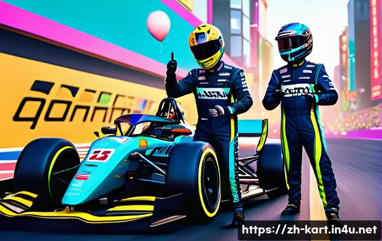 카트라이더 커뮤니티 이벤트 - **Prompt:** A group of diverse, cheerful KartRider characters are gathered at a virtual finish line ...