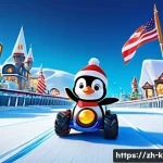 카트라이더 신규 업데이트와 팬아트 대회의 성공 비결 - A dynamic and visually stunning KartRider race scene on the "Penguin Ice Snow Town" track. The envir...