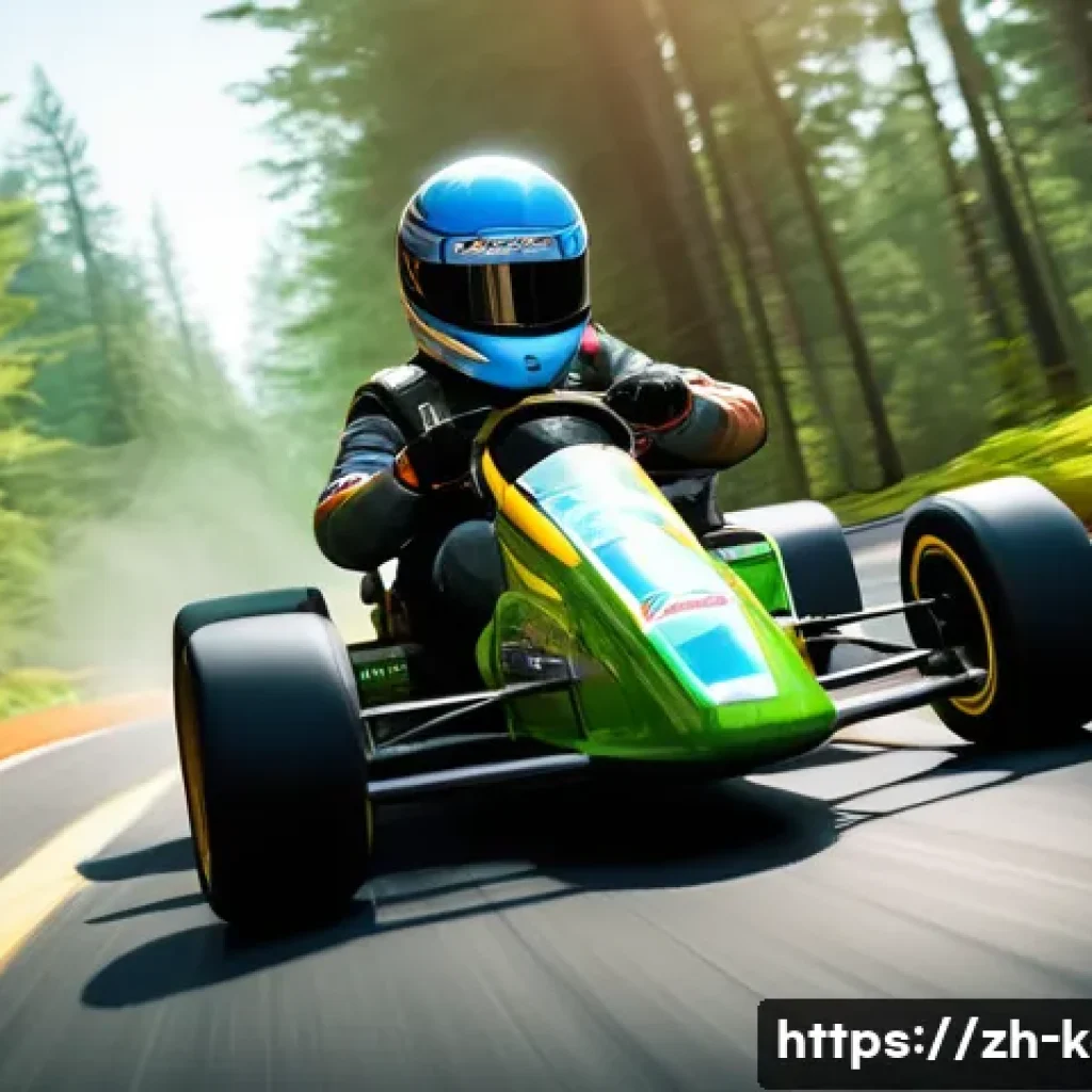 카트라이더 초보 유저 길라잡이 - A determined KartRider rookie in a vibrant, slightly worn racing suit, concentrating intensely while...