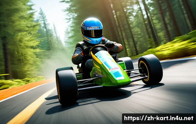 카트라이더 초보 유저 길라잡이 - A determined KartRider rookie in a vibrant, slightly worn racing suit, concentrating intensely while...