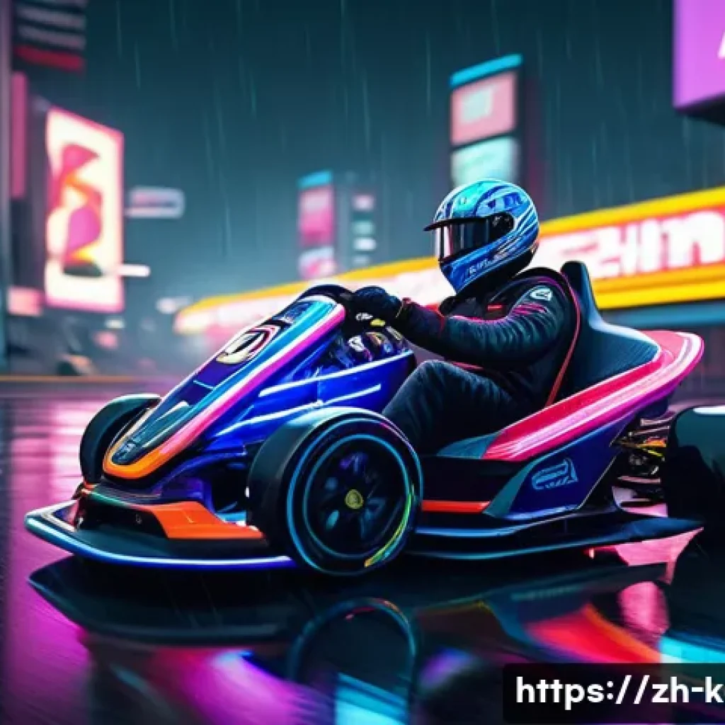 카트라이더 새로운 기능 리뷰 - Ultra-realistic nighttime kart racing scene on a rain-soaked futuristic city track, featuring detail...