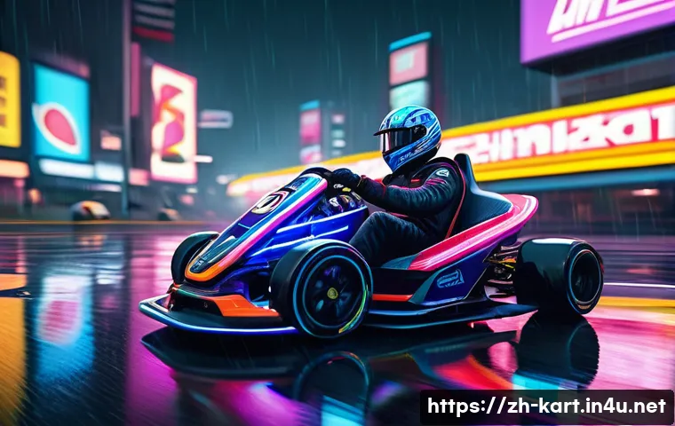 카트라이더 새로운 기능 리뷰 - Ultra-realistic nighttime kart racing scene on a rain-soaked futuristic city track, featuring detail...