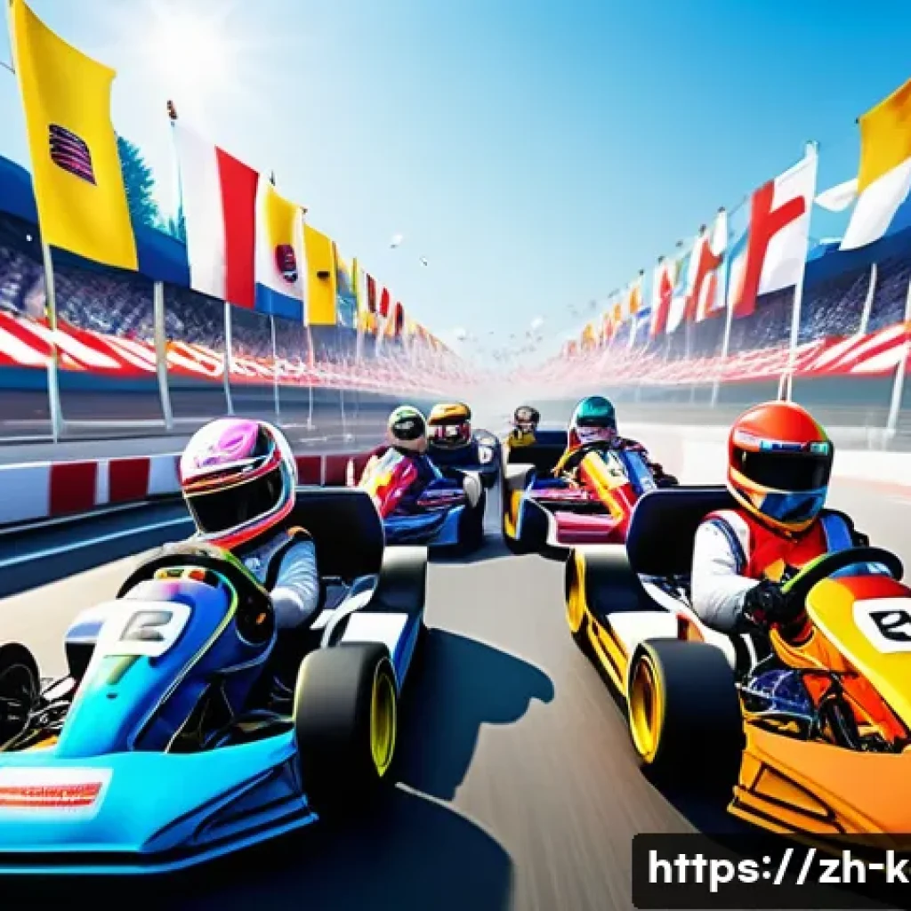 카트라이더 글로벌 팬 미팅 - A vibrant international kart racing event scene, featuring a diverse group of enthusiastic players f...