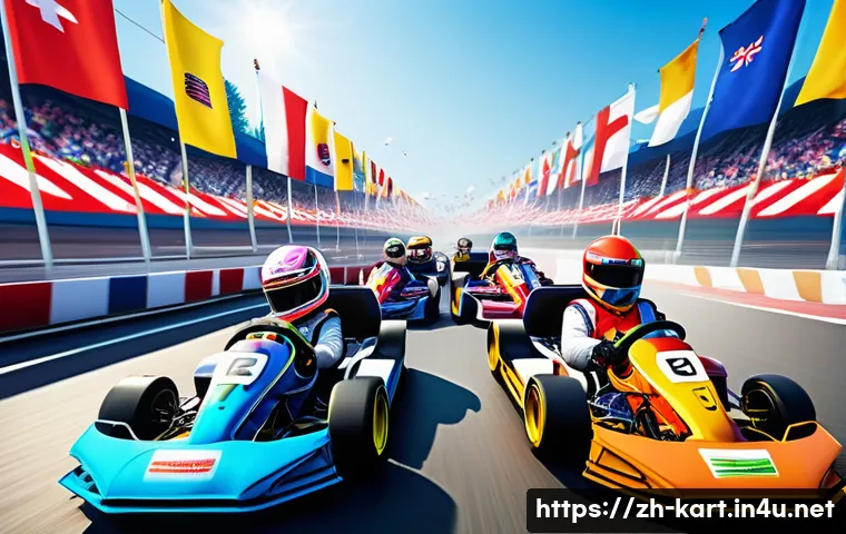 카트라이더 글로벌 팬 미팅 - A vibrant international kart racing event scene, featuring a diverse group of enthusiastic players f...