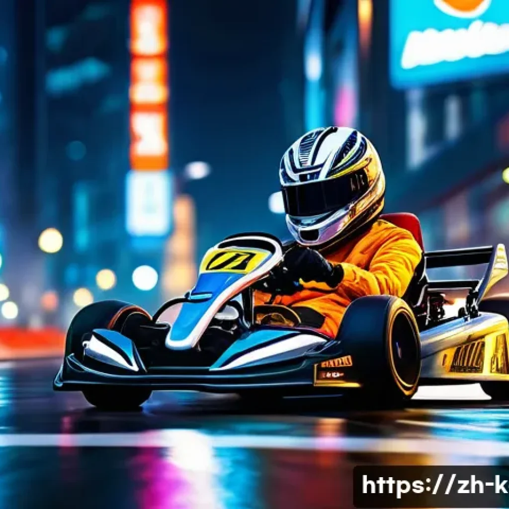 카트라이더 드리프트 챌린지 - A dynamic racing scene in a vibrant urban city street at night, featuring a sleek go-kart drifting s...