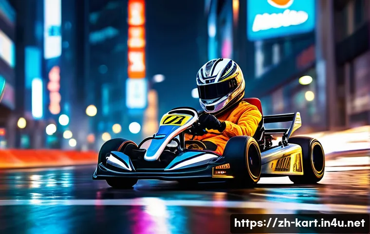 카트라이더 드리프트 챌린지 - A dynamic racing scene in a vibrant urban city street at night, featuring a sleek go-kart drifting s...