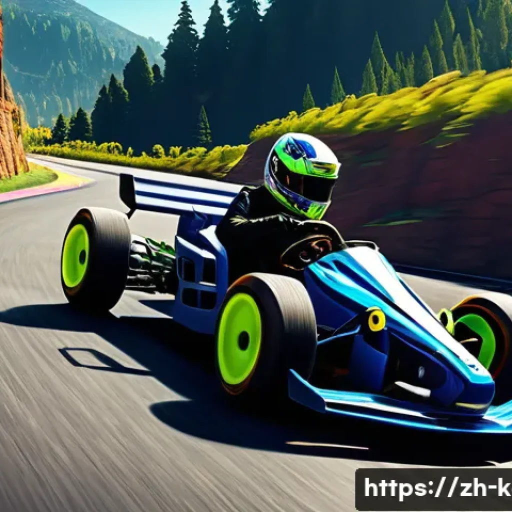 카트라이더 신규 트랙 특징 분석 - A dynamic racing track set in a vibrant mountainous valley with diverse terrain including sharp hair...