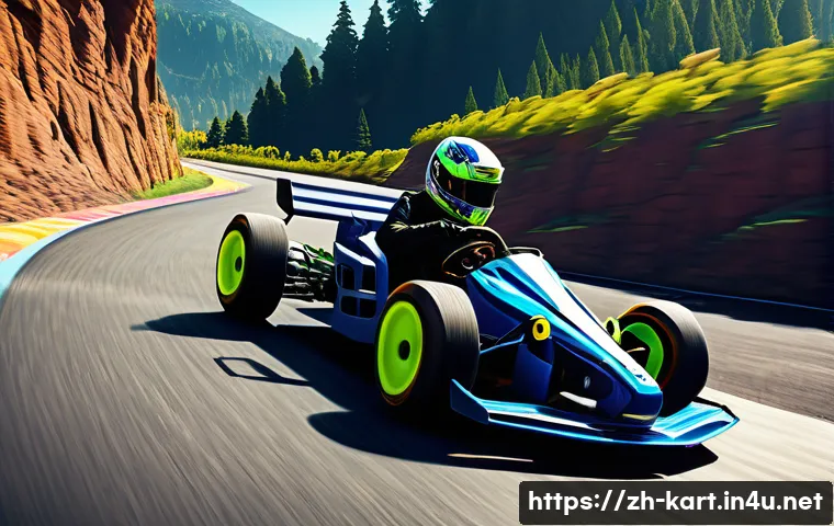 카트라이더 신규 트랙 특징 분석 - A dynamic racing track set in a vibrant mountainous valley with diverse terrain including sharp hair...