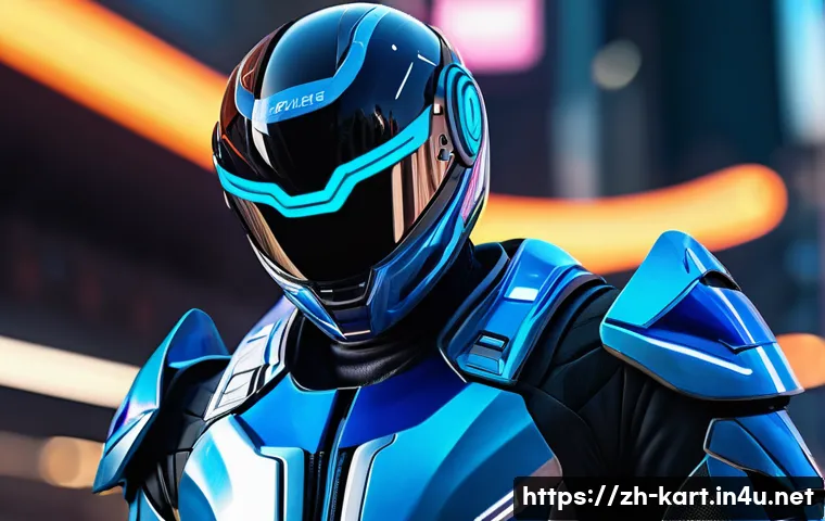 카트라이더 신규 캐릭터와 아이템 - A futuristic racing character inspired by advanced technology, wearing sleek metallic armor with glo...