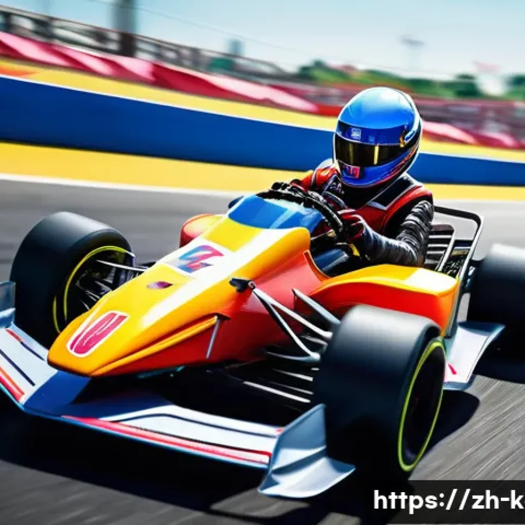 카트라이더 아이템 활용 전략 - A dynamic racing scene on a wide futuristic kart track featuring a skilled racer in a colorful racin...
