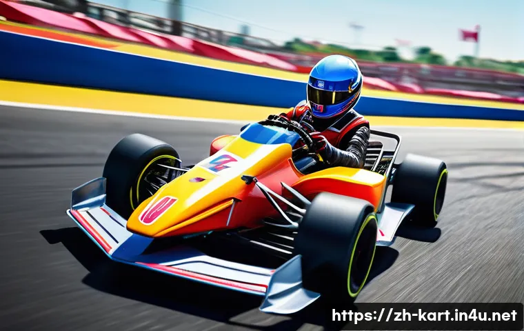 카트라이더 아이템 활용 전략 - A dynamic racing scene on a wide futuristic kart track featuring a skilled racer in a colorful racin...