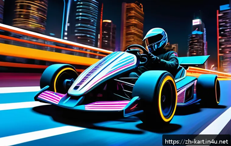 카트라이더 팬아트 대회의 새로운 방향 - A dynamic digital painting of a futuristic go-kart racing scene blending traditional kart design wit...