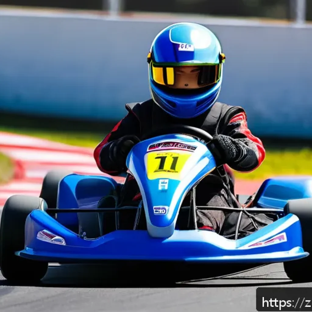 카트라이더 초보자를 위한 기사 - A dynamic scene of a beginner karting driver on an outdoor track, wearing full safety gear including...