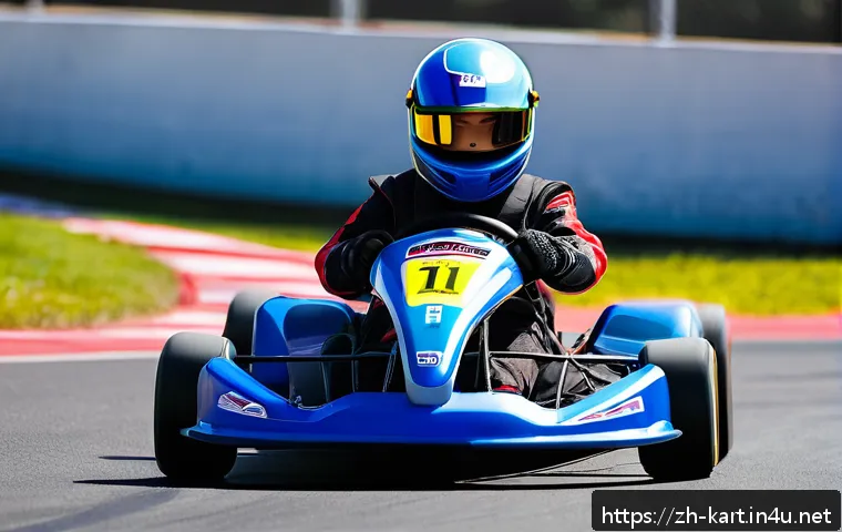 카트라이더 초보자를 위한 기사 - A dynamic scene of a beginner karting driver on an outdoor track, wearing full safety gear including...