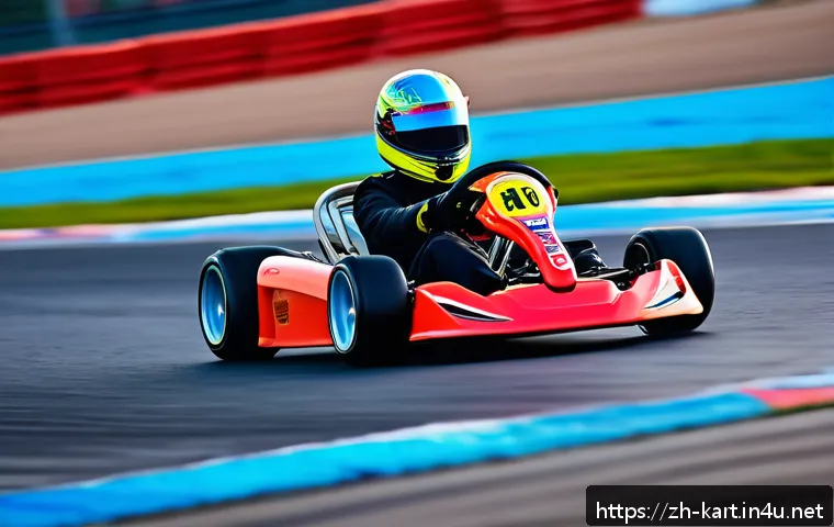 카트라이더 초보자를 위한 게임 이해 - A dynamic scene of a young adult kart racer skillfully drifting through a sharp corner on a brightly...