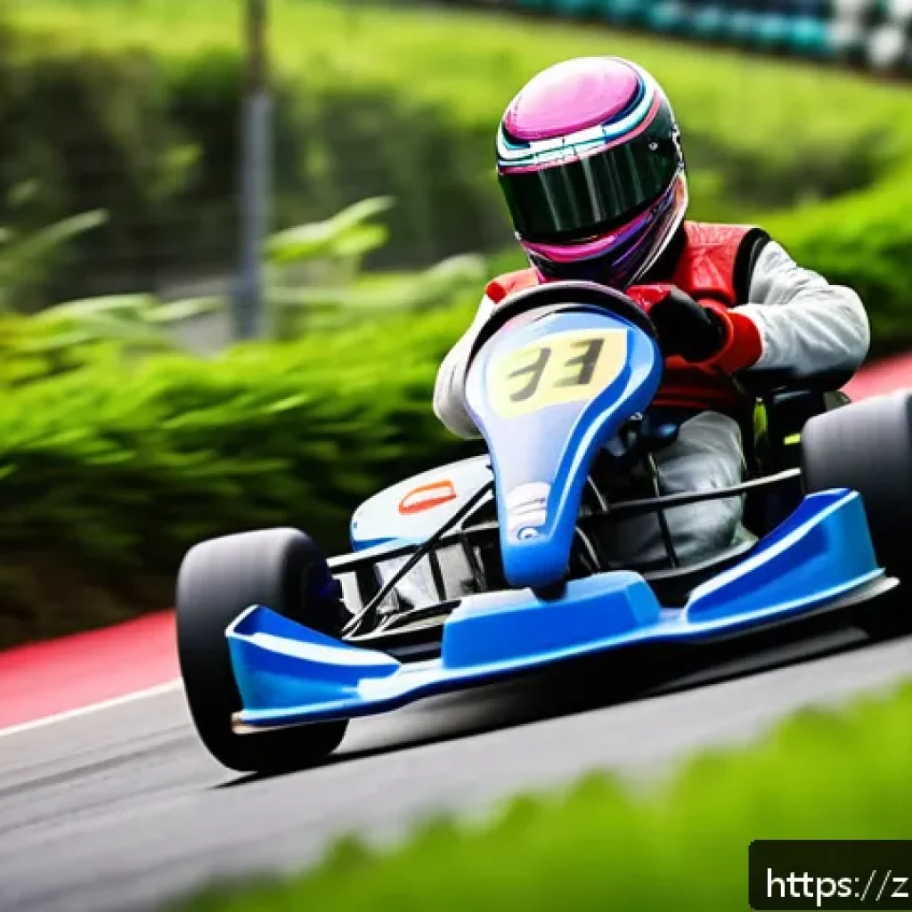 카트라이더 신규 유저 필독 자료 - A dynamic scene of a young adult kart racing driver wearing a full racing suit and helmet, carefully...