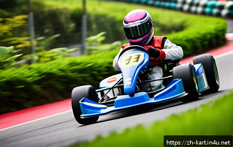 카트라이더 신규 유저 필독 자료 - A dynamic scene of a young adult kart racing driver wearing a full racing suit and helmet, carefully...