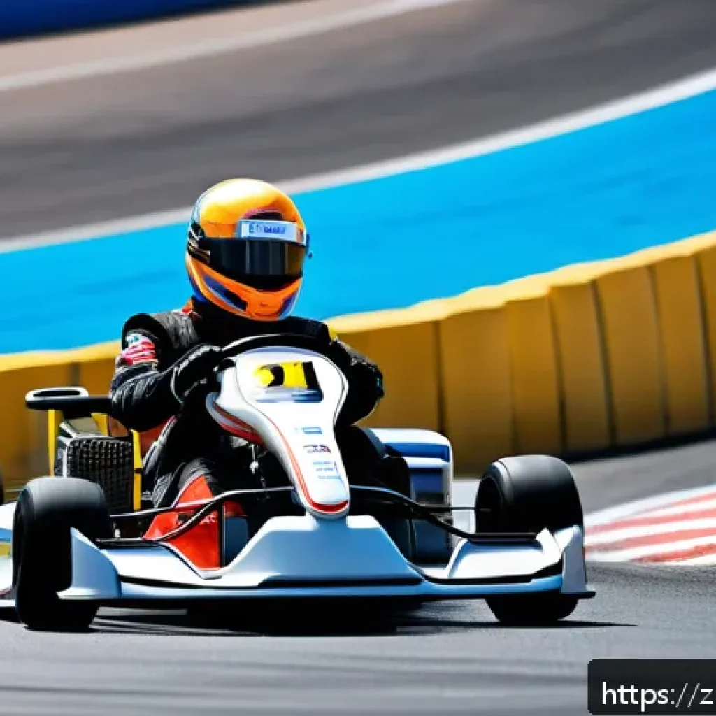카트라이더 레이싱 팁 영상 - A dynamic racing scene on a modern karting track featuring a skilled driver wearing a racing suit an...