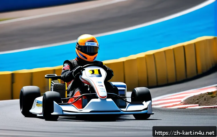 카트라이더 레이싱 팁 영상 - A dynamic racing scene on a modern karting track featuring a skilled driver wearing a racing suit an...