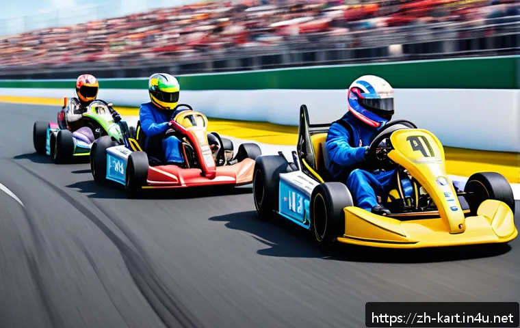 카트라이더 아이템전 꿀팁 모음 - A dynamic kart racing scene on a winding track during a fierce item battle, featuring colorful karts...
